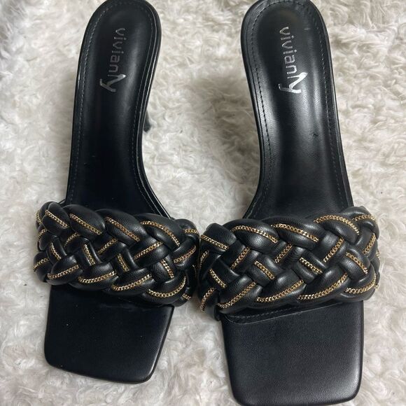 Vivianly Black slip on heels sandals with gold tone chain accent size 11 - Picture 9 of 9